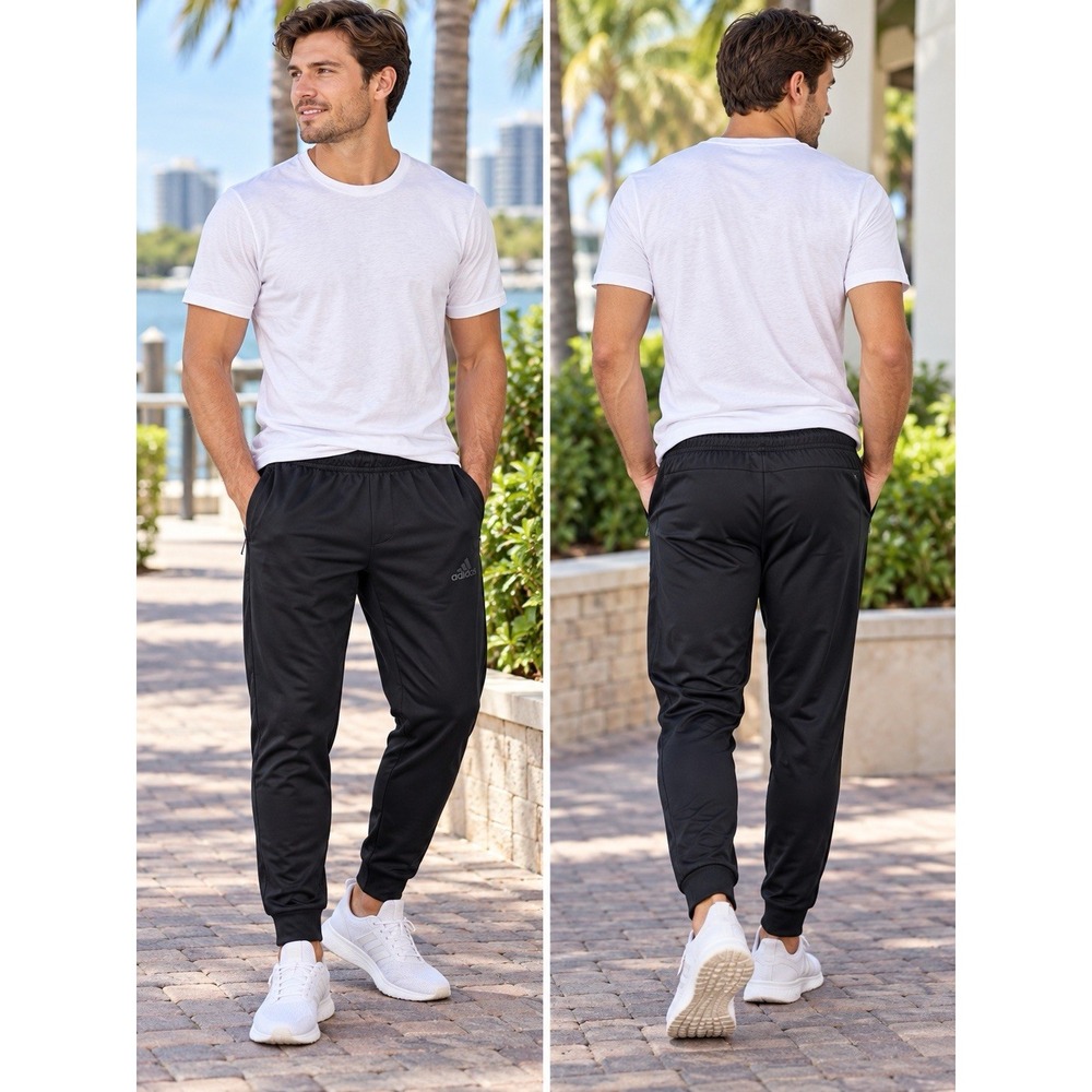 Adidas Mens Jogger Pants Medium Black Tapered Athletic Zip Pocket Cuffed -3763